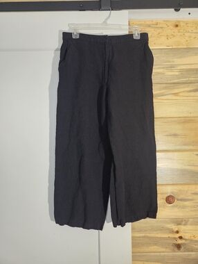 Eileen Fisher Black Linen Blend Relaxed Wide Leg Ankle Pants Womens size Medium